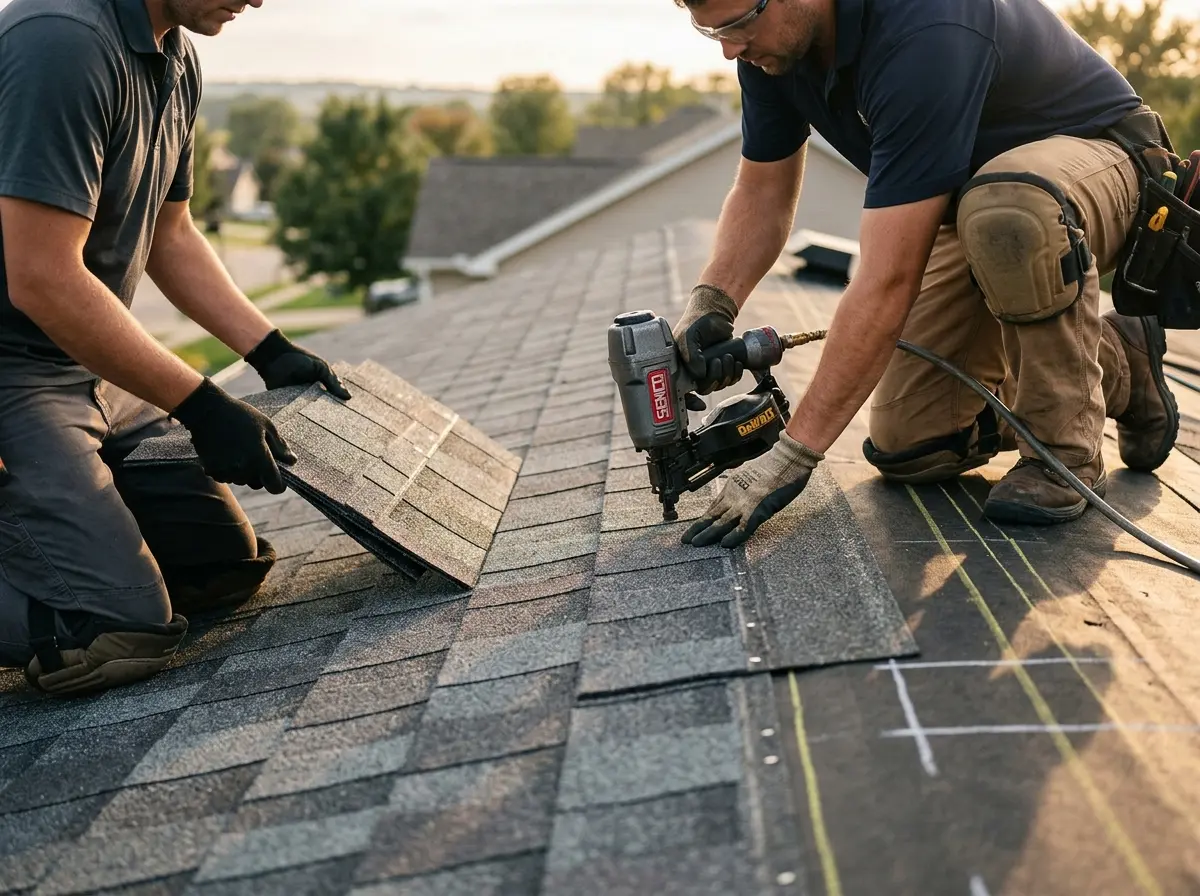 Professional roofer working on a residential roof in Celebration